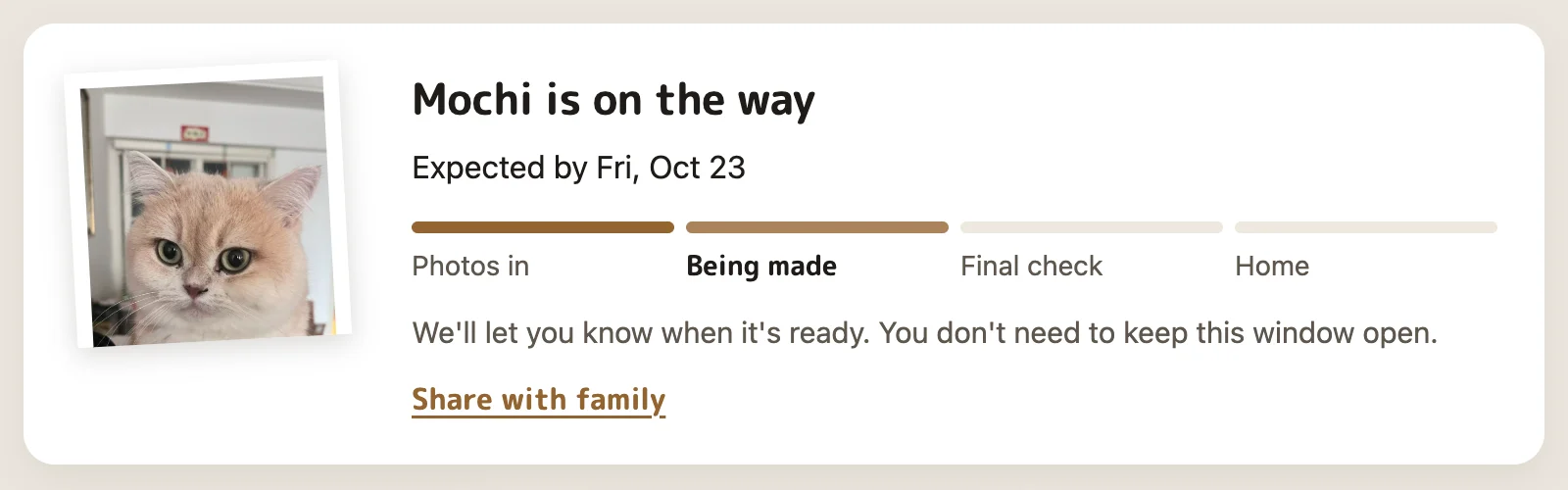 An order on its way in the desktop app, with the pet photo, four steps and the expected date