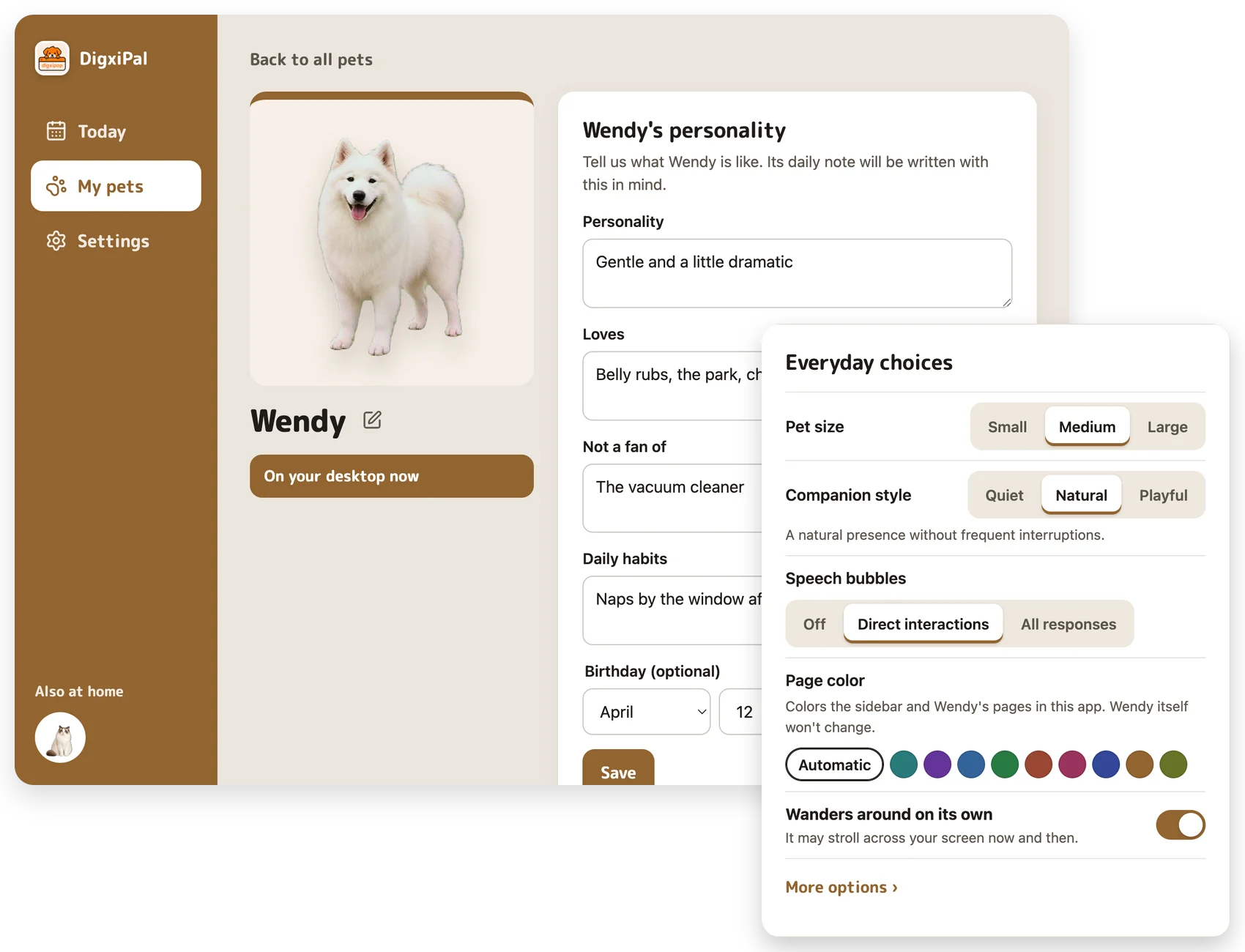 Wendy’s page in the desktop app with pet size, companion style, speech bubbles and page color
