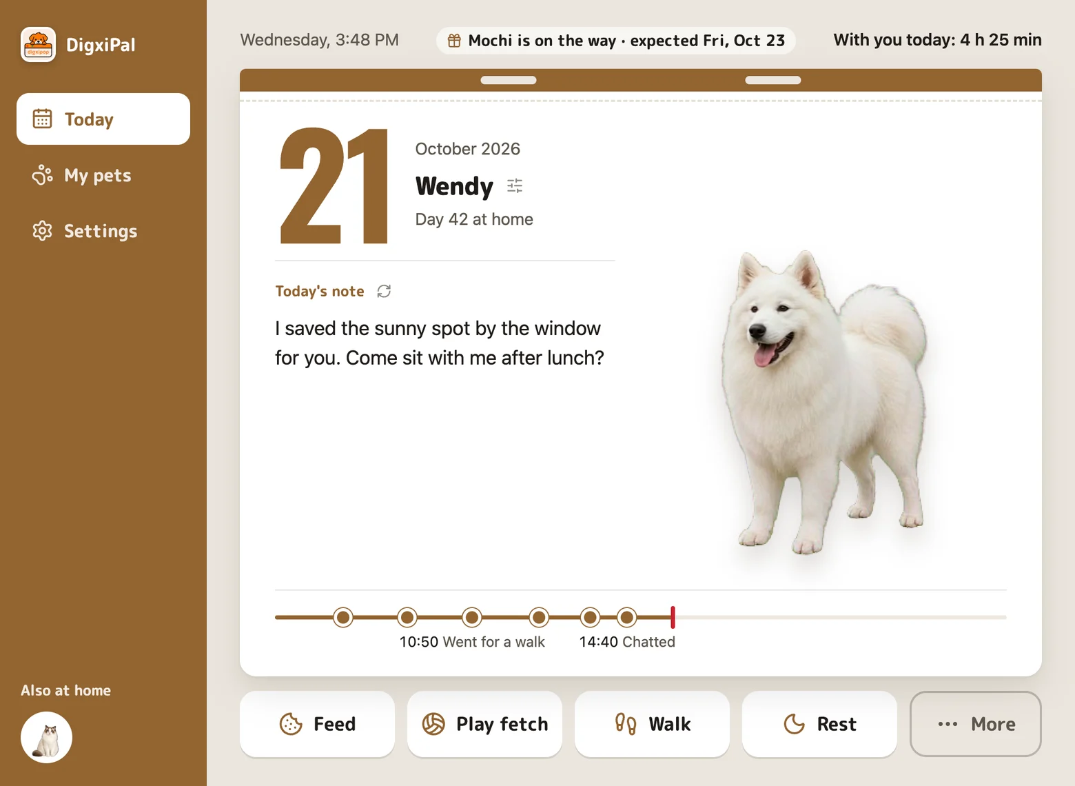 Today’s page in the desktop app with the date, Wendy’s note, today’s timeline and buttons to feed, play, walk and rest