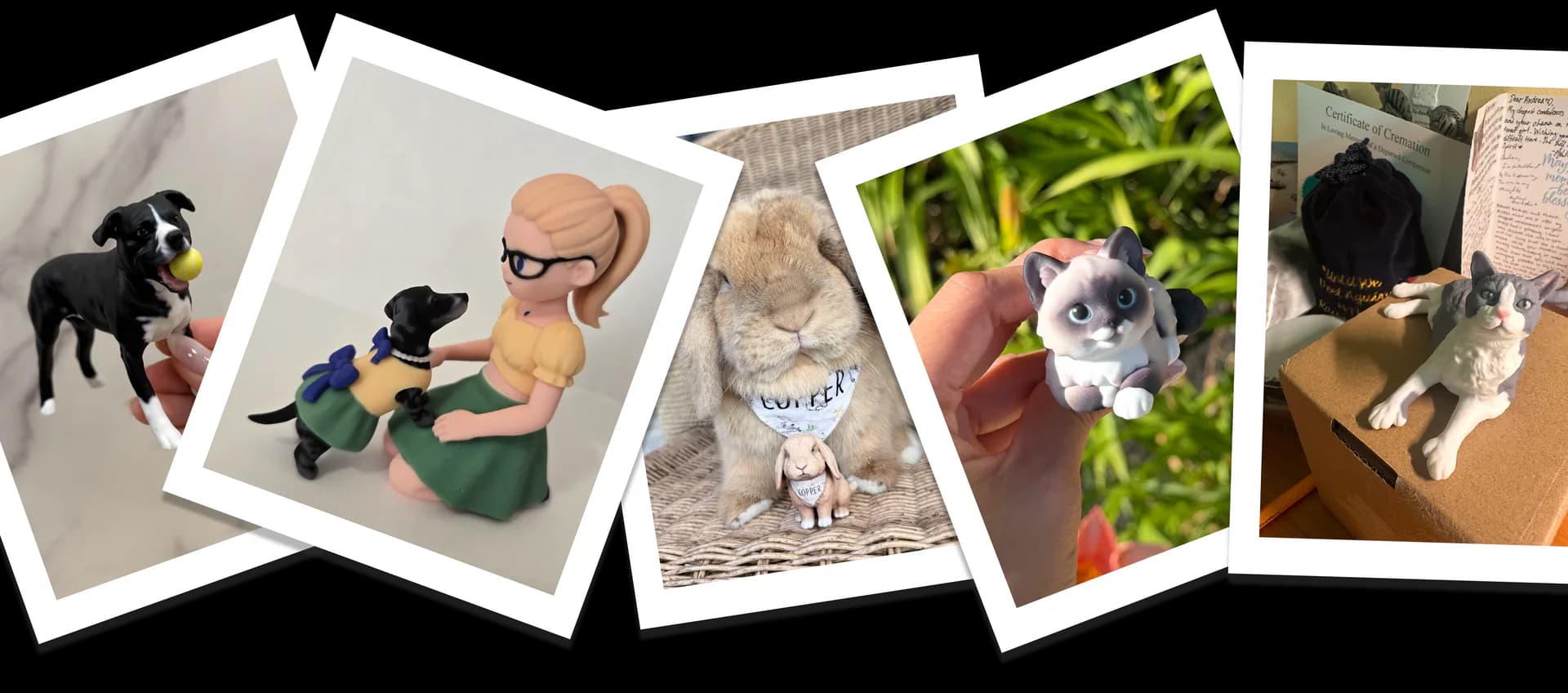Pets alongside personalized figurines made from their photos