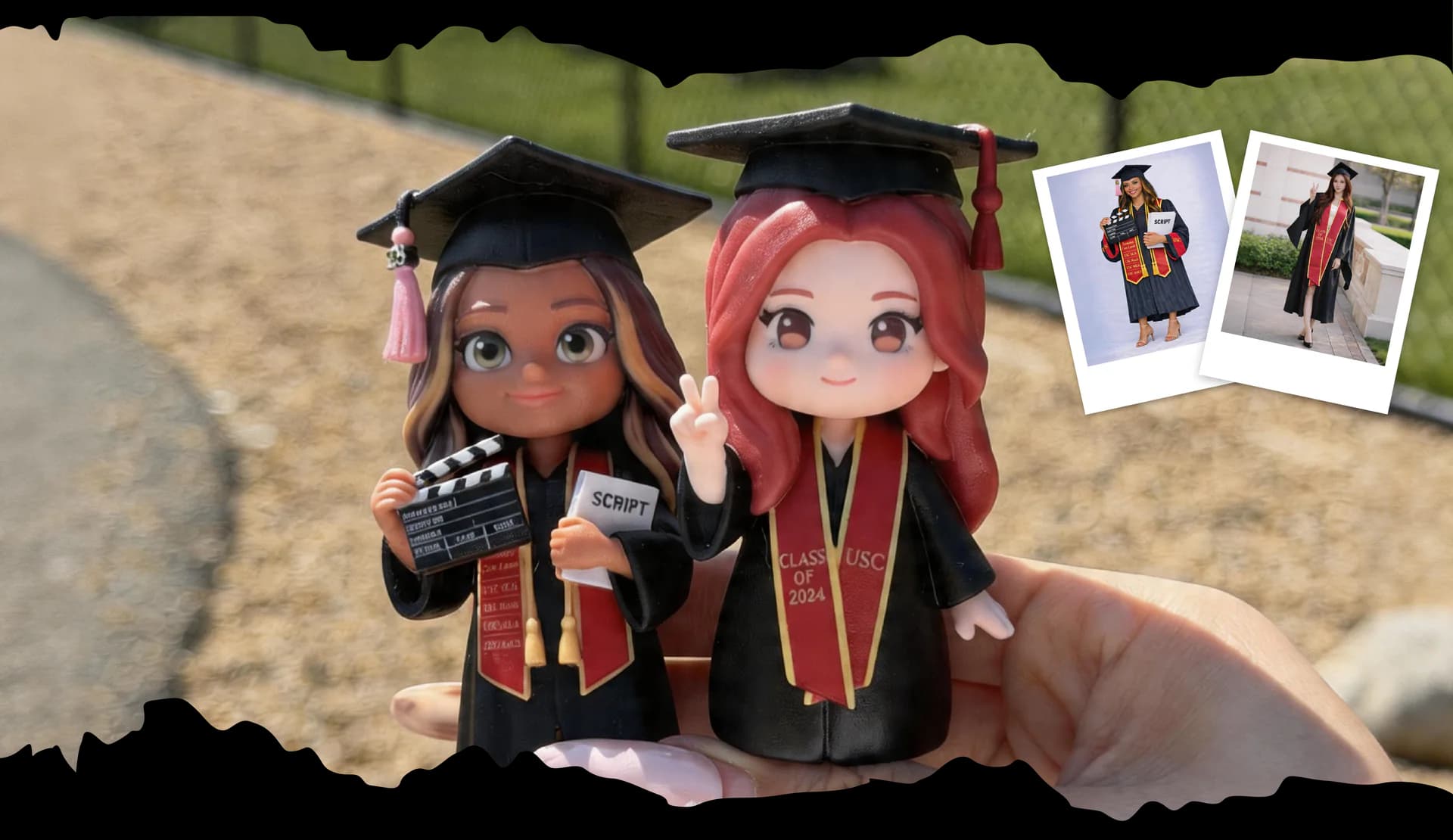 Personalized graduation figurines inspired by graduation photos