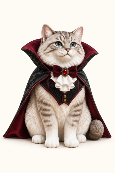 A silver tabby cat figurine wearing a black and burgundy vampire costume.