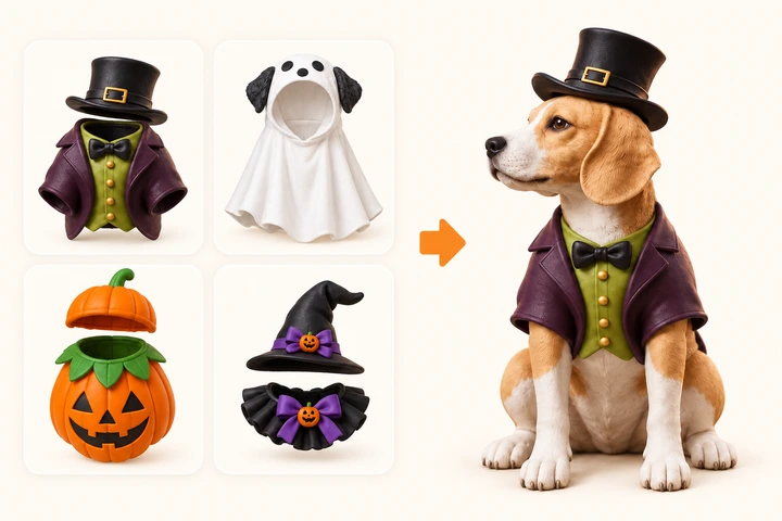 Four official Halloween outfits and a beagle figurine wearing a top hat and purple coat.