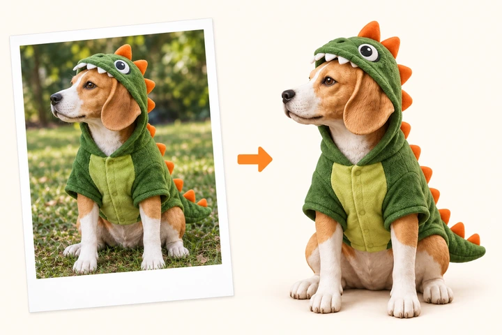 A reference photo and a matching beagle figurine in a green dinosaur costume.